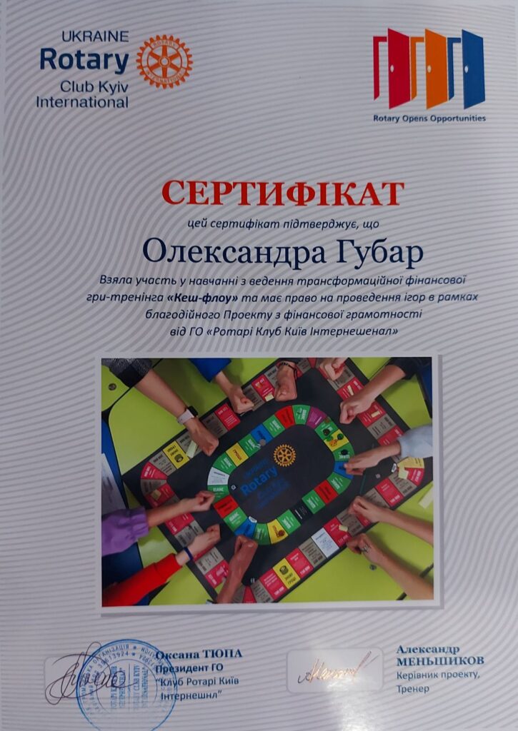 Сертифікат ведучої фінансової гри-тренінгу Cash Flow — Олександра Апостол